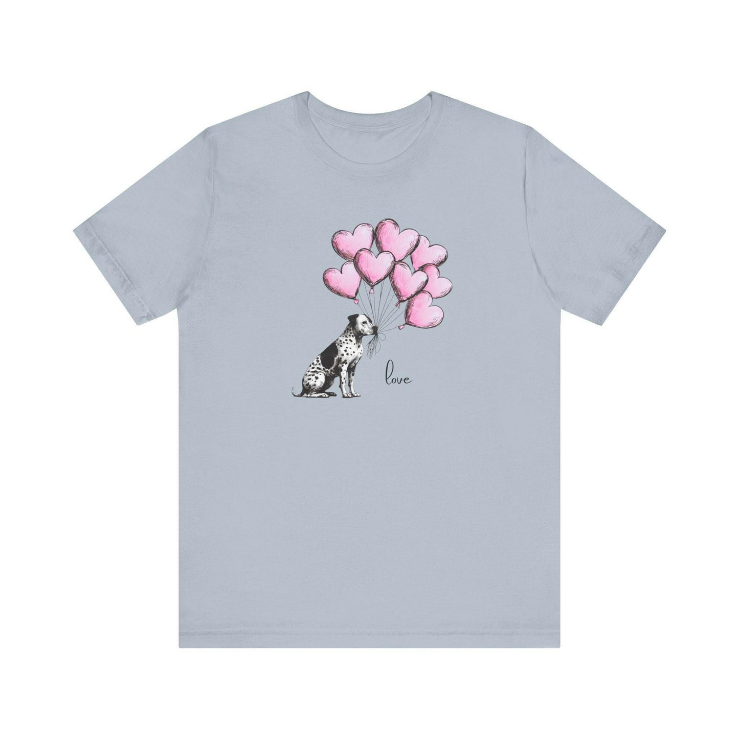 LOVE T-Shirt– Dalmatian Mix with Heart Balloons-Spotted Dog Holding Balloons Unisex Short Sleeve Tee