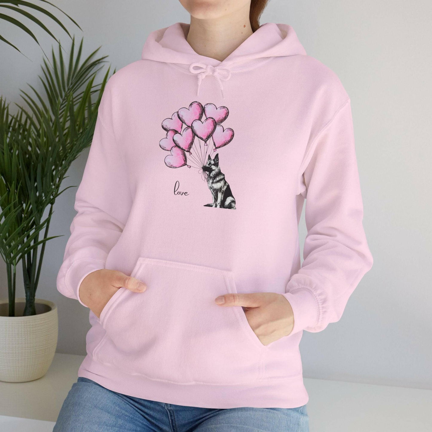 German Shepard Hoodie - Dog Holding Soft Pink Heart Balloons