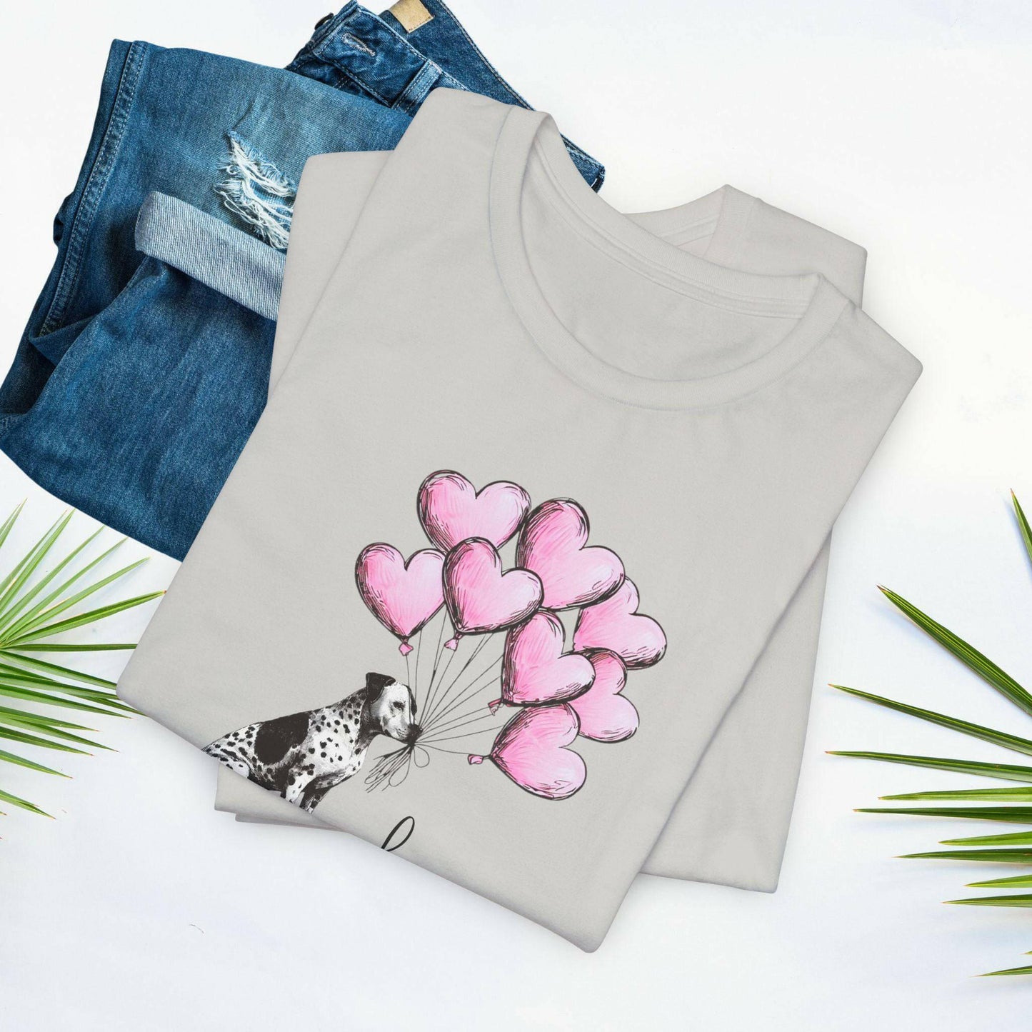 LOVE T-Shirt– Dalmatian Mix with Heart Balloons-Spotted Dog Holding Balloons Unisex Short Sleeve Tee