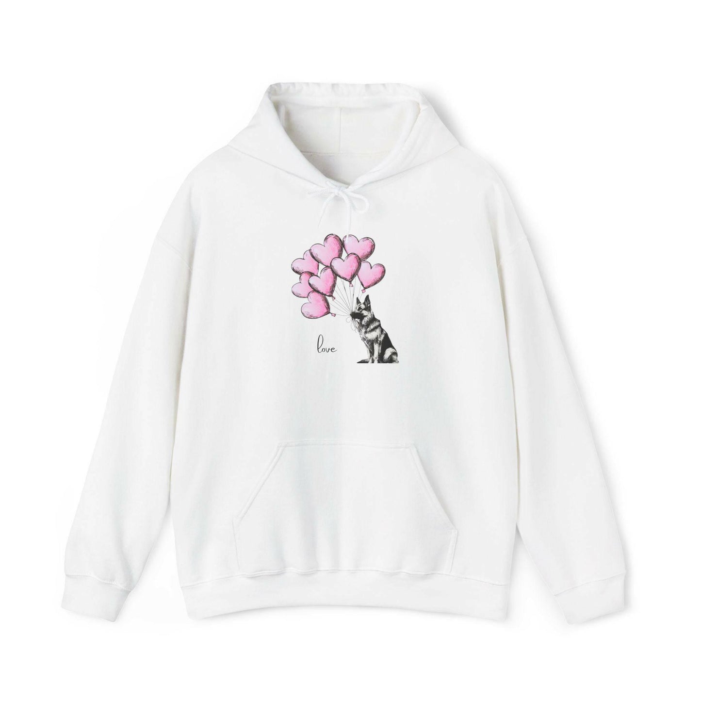 German Shepard Hoodie - Dog Holding Soft Pink Heart Balloons