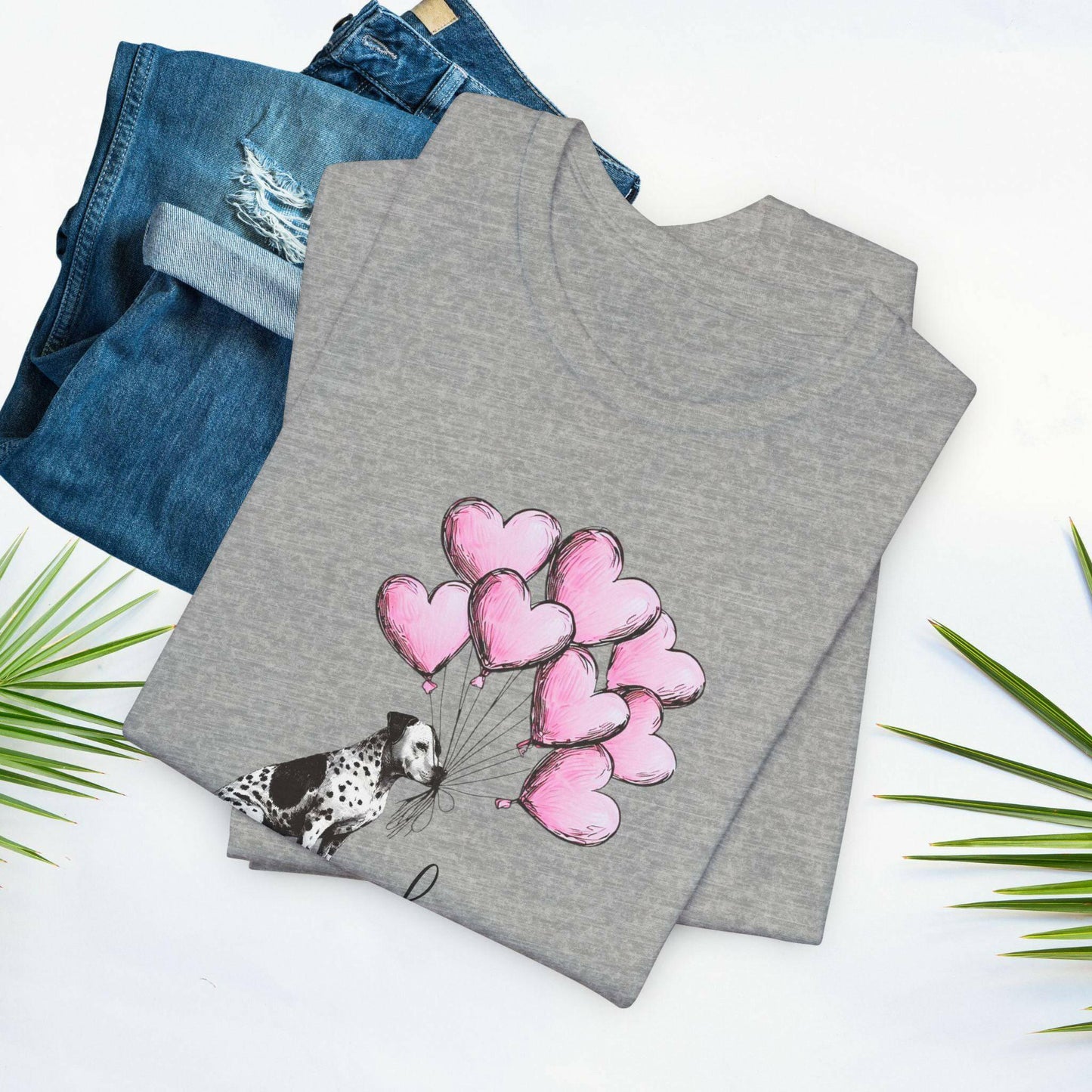 LOVE T-Shirt– Dalmatian Mix with Heart Balloons-Spotted Dog Holding Balloons Unisex Short Sleeve Tee