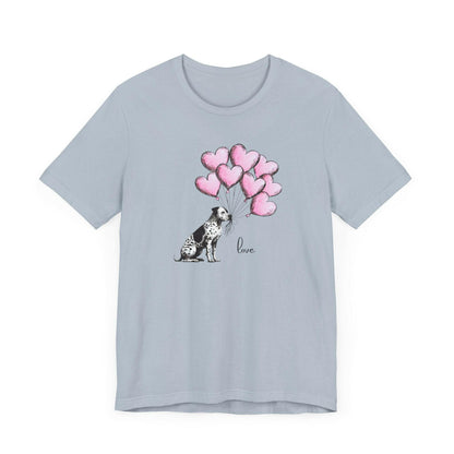 LOVE T-Shirt– Dalmatian Mix with Heart Balloons-Spotted Dog Holding Balloons Unisex Short Sleeve Tee