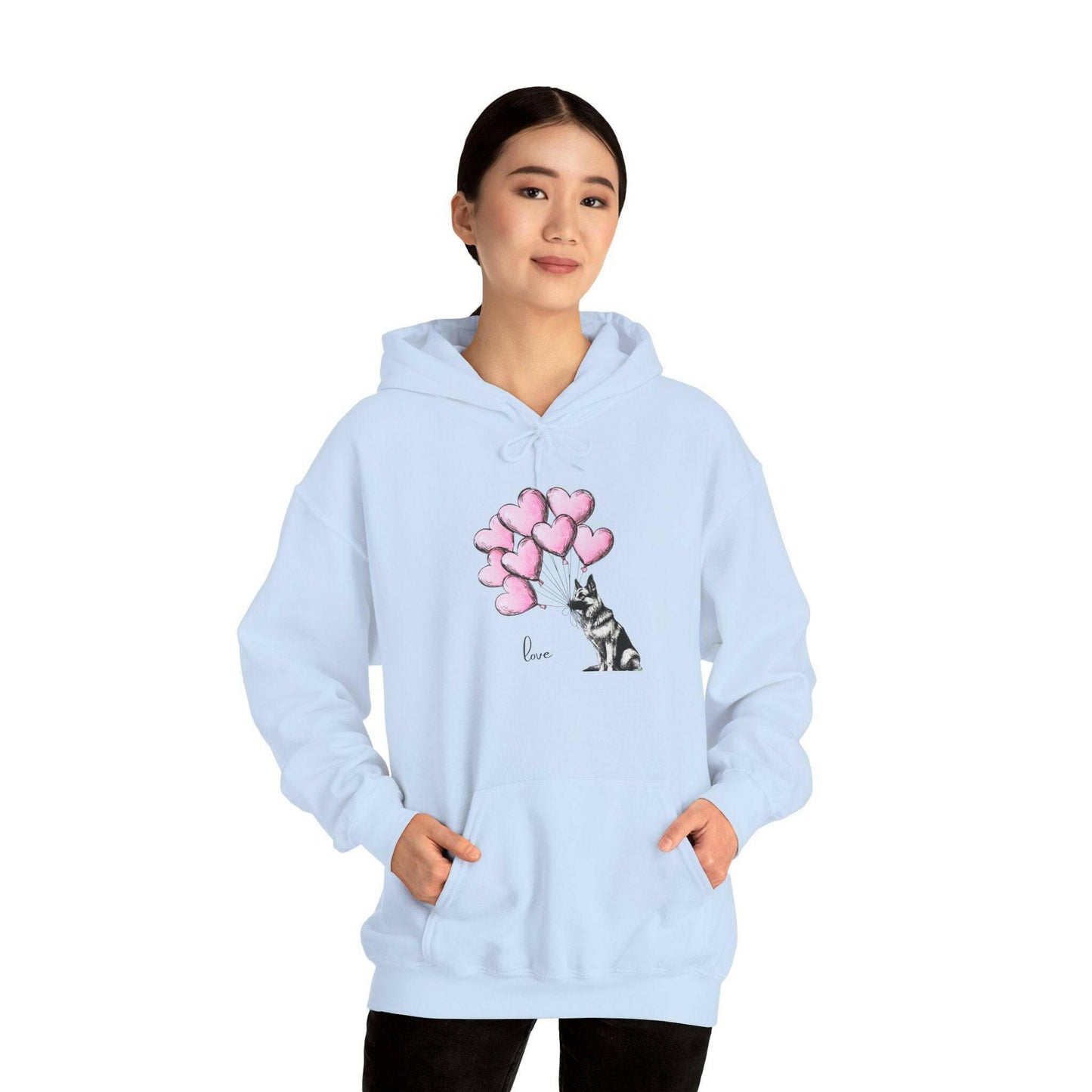 German Shepard Hoodie - Dog Holding Soft Pink Heart Balloons