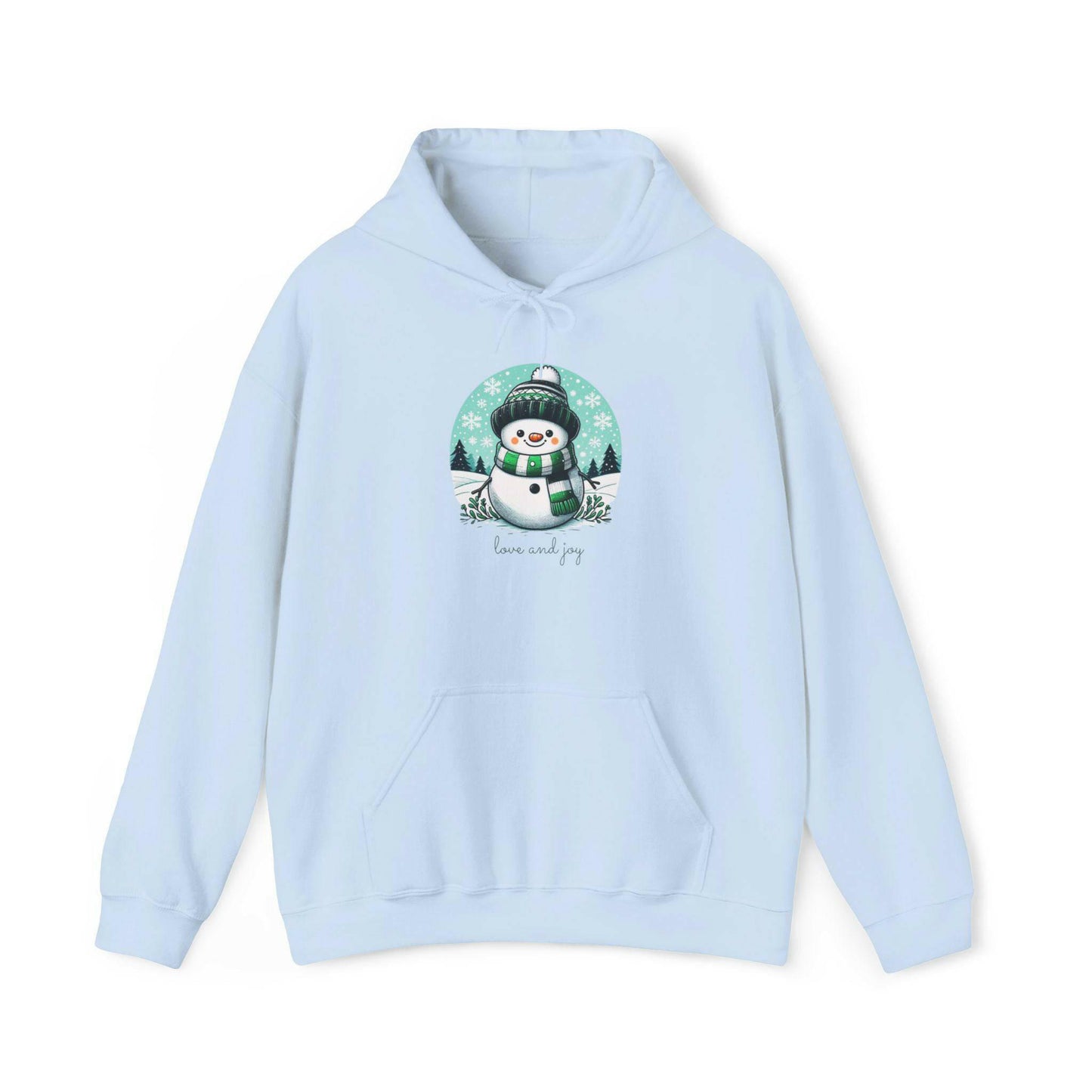 Cozy “Love and Joy” Snowman Hoodie - Festive Winter Apparel-Snowman Christmas Unisex Hooded Sweatshirt