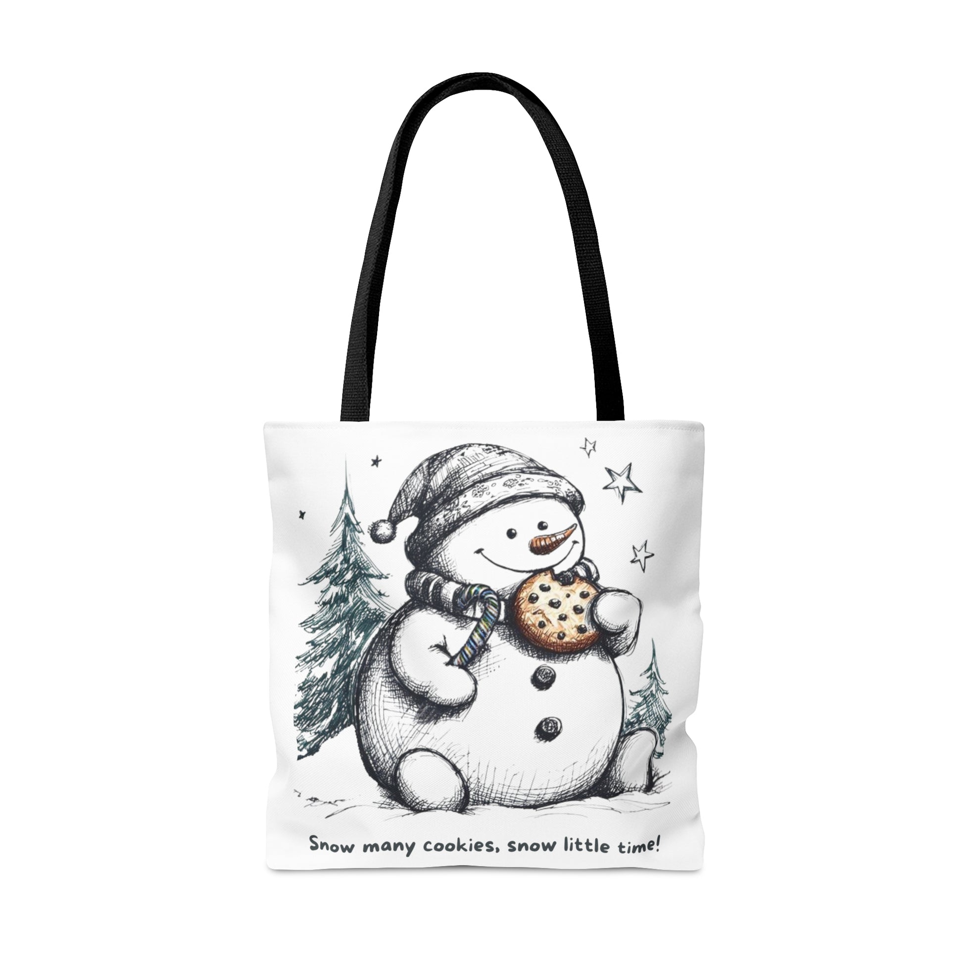 Snow Many Cookies, Snow Little Time! Christmas Tote Bag, Snowman Eating Cookies Christmas Bag, Holiday Tote Bag (AOP) - Amesti Road