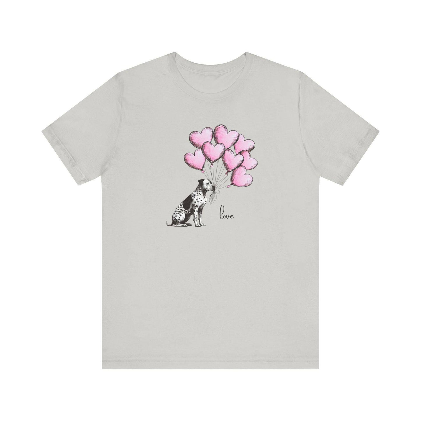 LOVE T-Shirt– Dalmatian Mix with Heart Balloons-Spotted Dog Holding Balloons Unisex Short Sleeve Tee