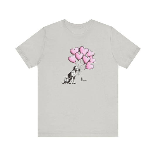 LOVE T-Shirt– Dalmatian Mix with Heart Balloons-Spotted Dog Holding Balloons Unisex Short Sleeve Tee