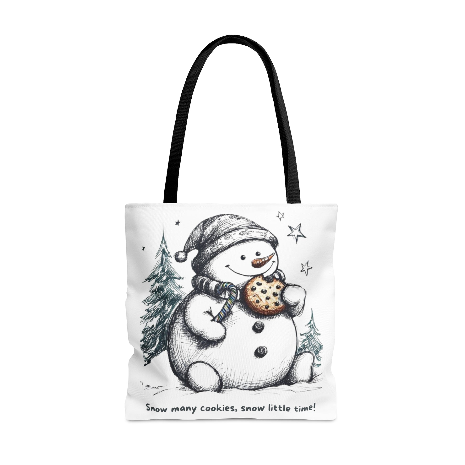 Snow Many Cookies, Snow Little Time! Christmas Tote Bag, Snowman Eating Cookies Christmas Bag, Holiday Tote Bag (AOP) - Amesti Road