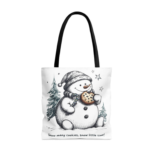 Snow Many Cookies, Snow Little Time! Christmas Tote Bag, Snowman Eating Cookies Christmas Bag, Holiday Tote Bag (AOP)