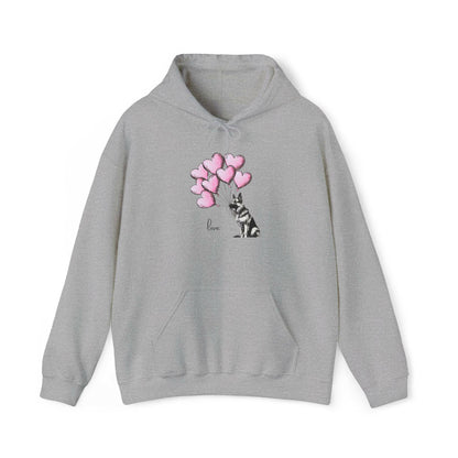 German Shepard Hoodie - Dog Holding Soft Pink Heart Balloons