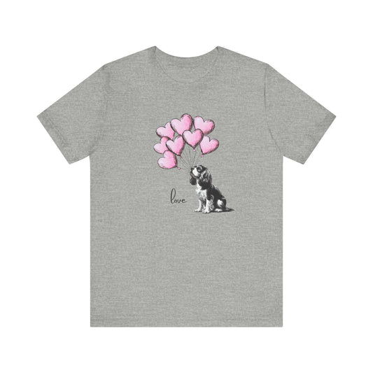 LOVE T-Shirt– King Charles Spaniel with Heart Balloons Unisex Jersey Short Sleeve Tee