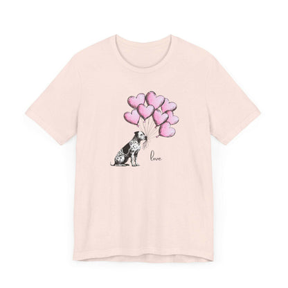 LOVE T-Shirt– Dalmatian Mix with Heart Balloons-Spotted Dog Holding Balloons Unisex Short Sleeve Tee