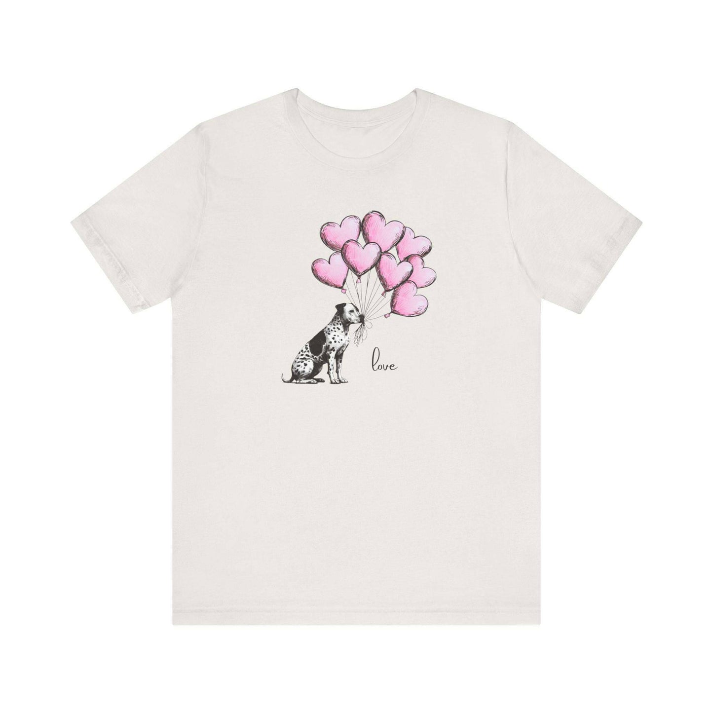 LOVE T-Shirt– Dalmatian Mix with Heart Balloons-Spotted Dog Holding Balloons Unisex Short Sleeve Tee