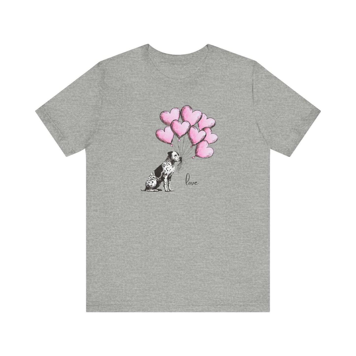 LOVE T-Shirt– Dalmatian Mix with Heart Balloons-Spotted Dog Holding Balloons Unisex Short Sleeve Tee