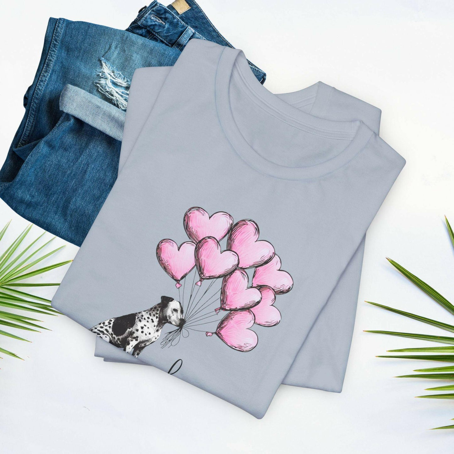 LOVE T-Shirt– Dalmatian Mix with Heart Balloons-Spotted Dog Holding Balloons Unisex Short Sleeve Tee