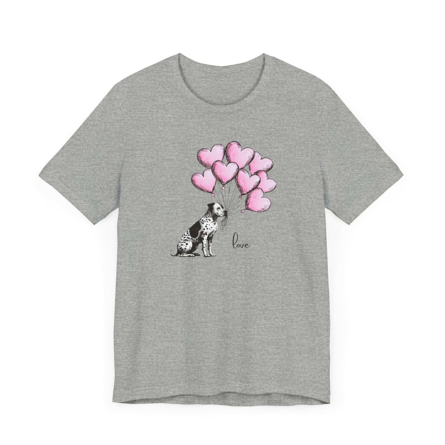 LOVE T-Shirt– Dalmatian Mix with Heart Balloons-Spotted Dog Holding Balloons Unisex Short Sleeve Tee