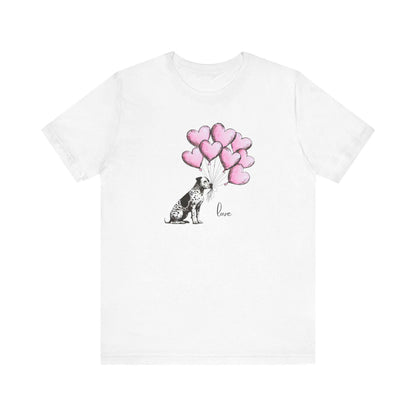 LOVE T-Shirt– Dalmatian Mix with Heart Balloons-Spotted Dog Holding Balloons Unisex Short Sleeve Tee