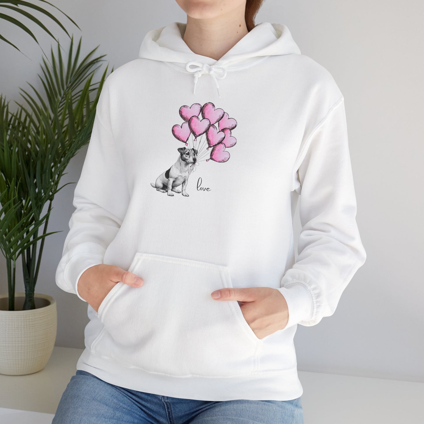 AdorableJack Russell Dog  with Heart Balloons Illustration - Perfect for Valentine’s Day Gifts-Jack Russell Holding Balloons Unisex Hooded Sweatshirt