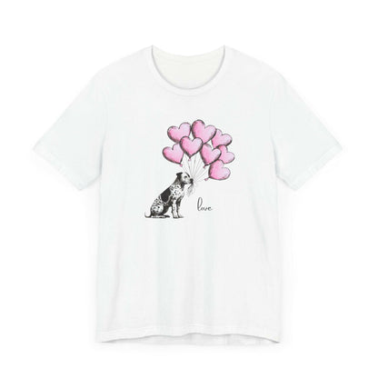 LOVE T-Shirt– Dalmatian Mix with Heart Balloons-Spotted Dog Holding Balloons Unisex Short Sleeve Tee