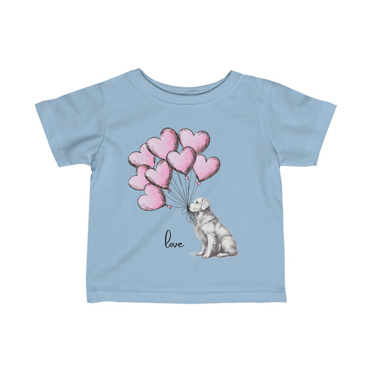 Baby T-Shirt with Golden Retriever Holding Balloons "love" Shirt, Dog Lovers Graphic Baby Shirt