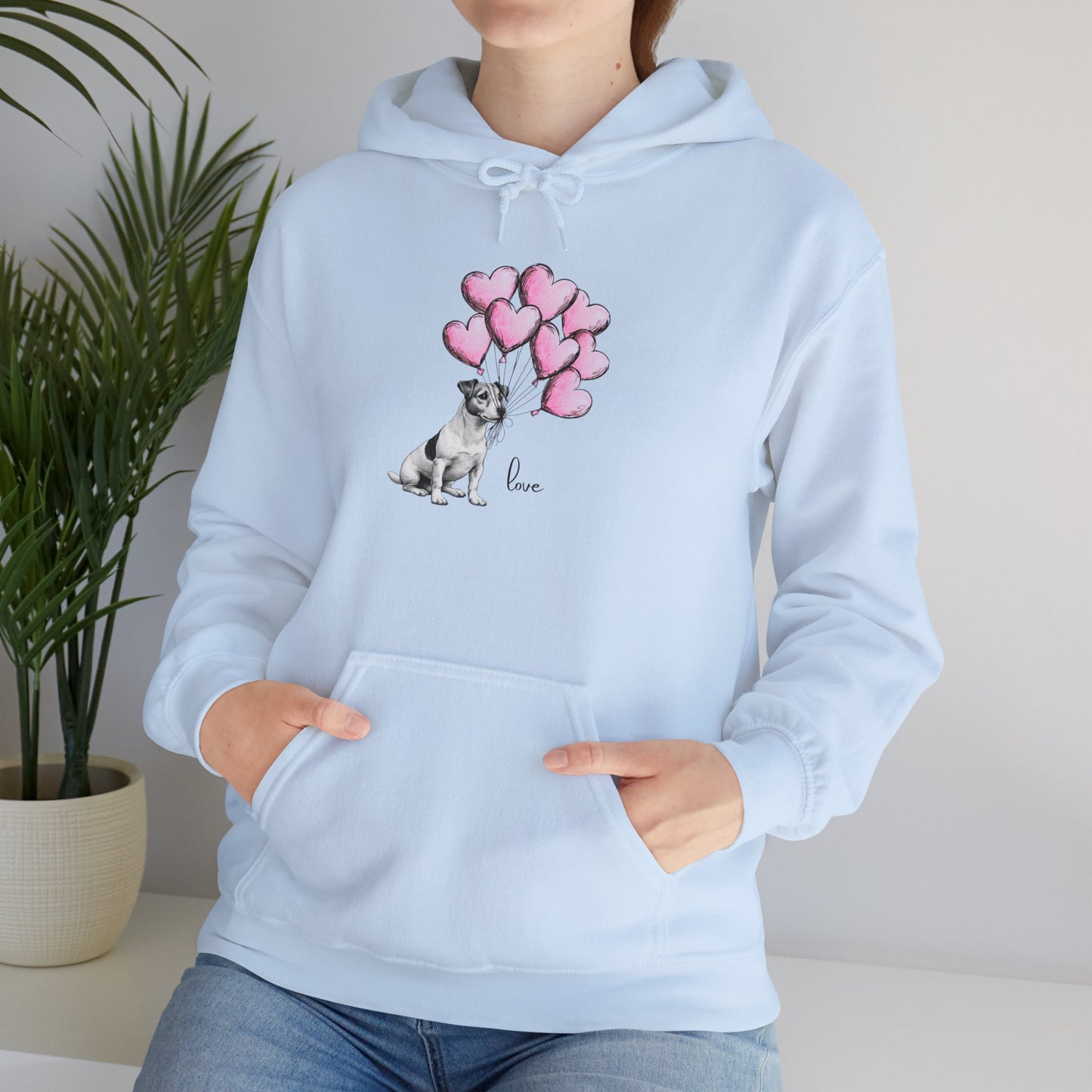 AdorableJack Russell Dog  with Heart Balloons Illustration - Perfect for Valentine’s Day Gifts-Jack Russell Holding Balloons Unisex Hooded Sweatshirt