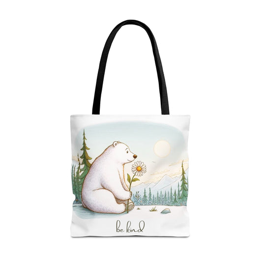 Polar bear Holding Daisy Flower Reusable Shopping Bag/Beach Bag, Everyday Tote Bag